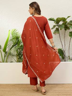 Rust roman silk fabric embroidered work fancy kurta set 2
