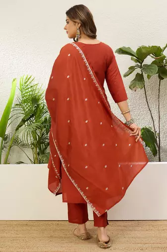 Rust roman silk fabric embroidered work fancy kurta set