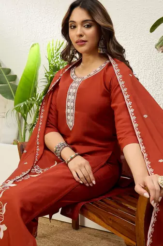 Rust roman silk fabric embroidered work fancy kurta set