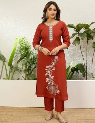 Rust roman silk fabric embroidered work fancy kurta set 4