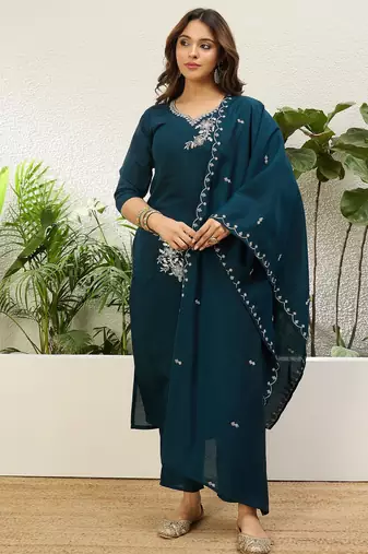 Navy blue roman silk fabric embroidered work fancy kurta set