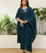 Navy blue roman silk fabric embroidered work fancy kurta set