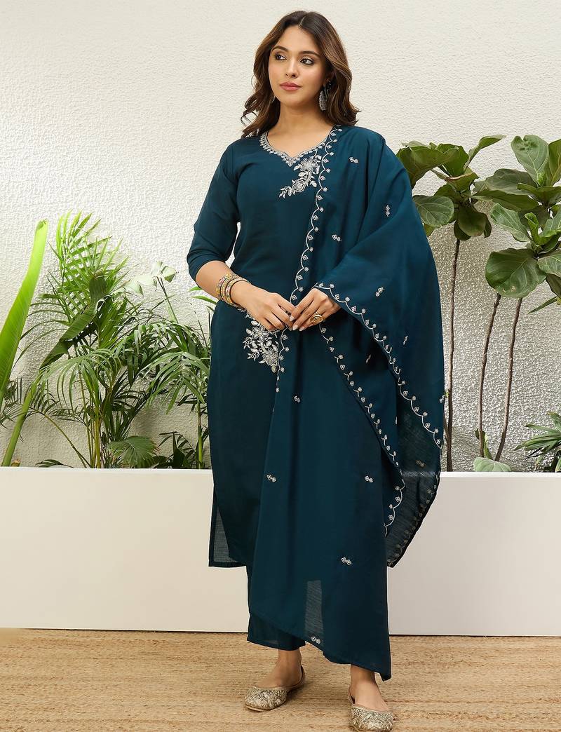 Navy blue roman silk fabric embroidered work fancy kurta set
