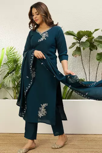 Navy blue roman silk fabric embroidered work fancy kurta set