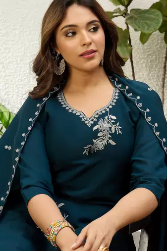 Navy blue roman silk fabric embroidered work fancy kurta set