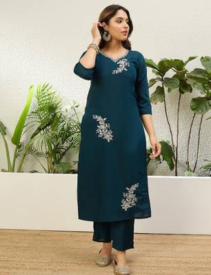 Navy blue roman silk fabric embroidered work fancy kurta set 4
