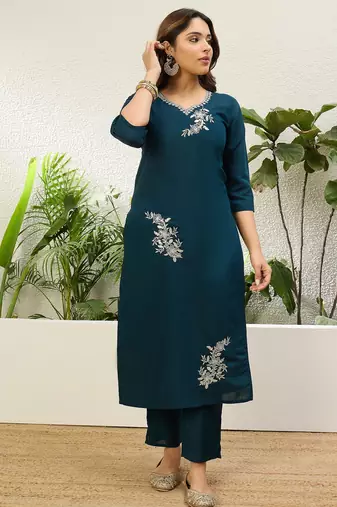 Navy blue roman silk fabric embroidered work fancy kurta set