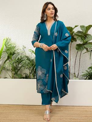 Teal blue roman silk fabric embroidered work fancy kurta set 1