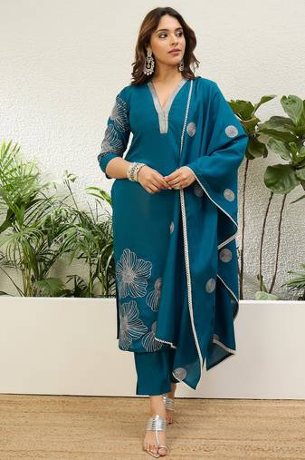 Teal blue roman silk fabric embroidered work fancy kurta set