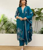 Teal blue roman silk fabric embroidered work fancy kurta set