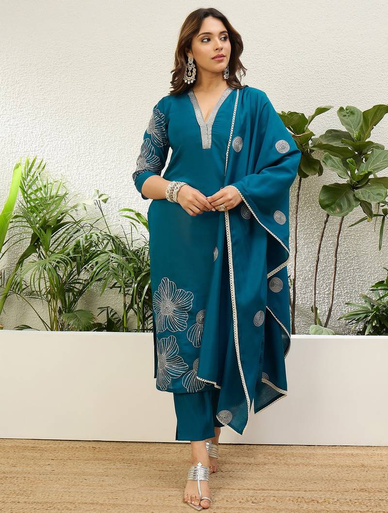 Teal blue roman silk fabric embroidered work fancy kurta set