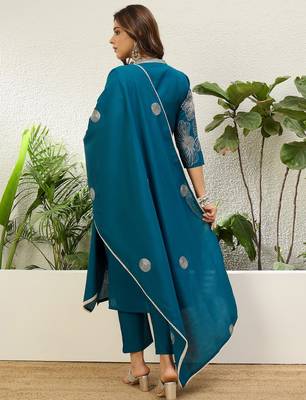 Teal blue roman silk fabric embroidered work fancy kurta set 2