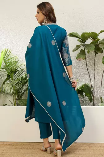 Teal blue roman silk fabric embroidered work fancy kurta set