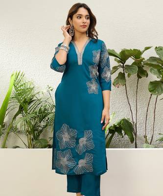 Teal blue roman silk fabric embroidered work fancy kurta set 4