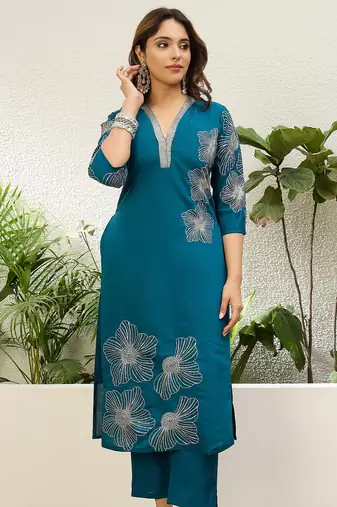 Teal blue roman silk fabric embroidered work fancy kurta set