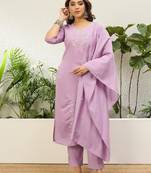 Lavender roman silk fabric embroidered work fancy kurta set