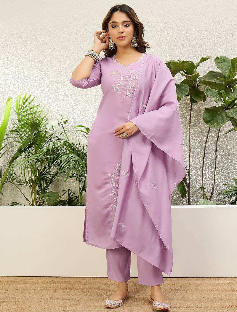 Lavender roman silk fabric embroidered work fancy kurta set