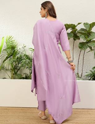 Lavender roman silk fabric embroidered work fancy kurta set 2