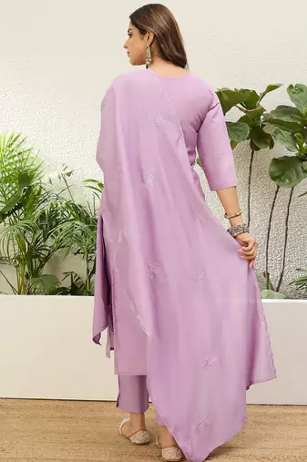 Lavender roman silk fabric embroidered work fancy kurta set
