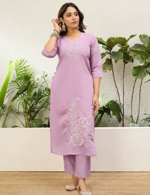 Lavender roman silk fabric embroidered work fancy kurta set 4