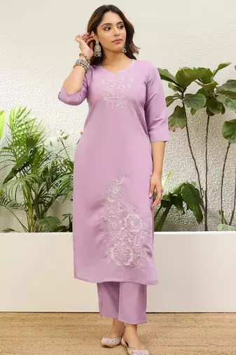 Lavender roman silk fabric embroidered work fancy kurta set