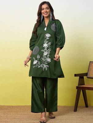 Green beautiful embroidery work top bottom coord set  1