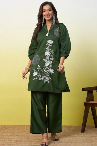 Green beautiful embroidery work top bottom coord set 