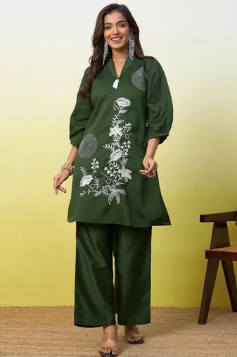 Green beautiful embroidery work top bottom coord set 