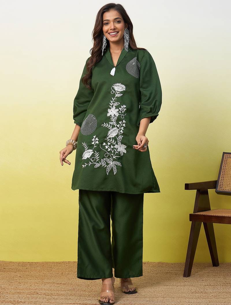 Green beautiful embroidery work top bottom coord set 