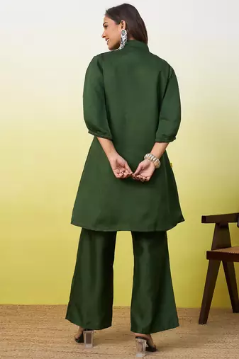 Green beautiful embroidery work top bottom coord set 