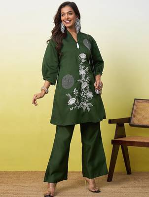 Green beautiful embroidery work top bottom coord set  4