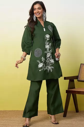 Green beautiful embroidery work top bottom coord set 
