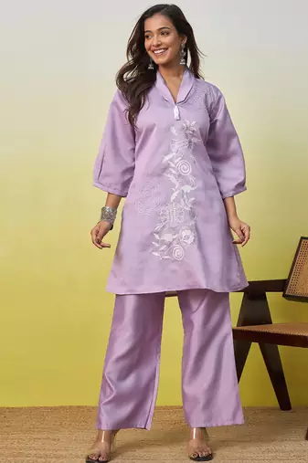 Lavender beautiful embroidery work top bottom coord set 