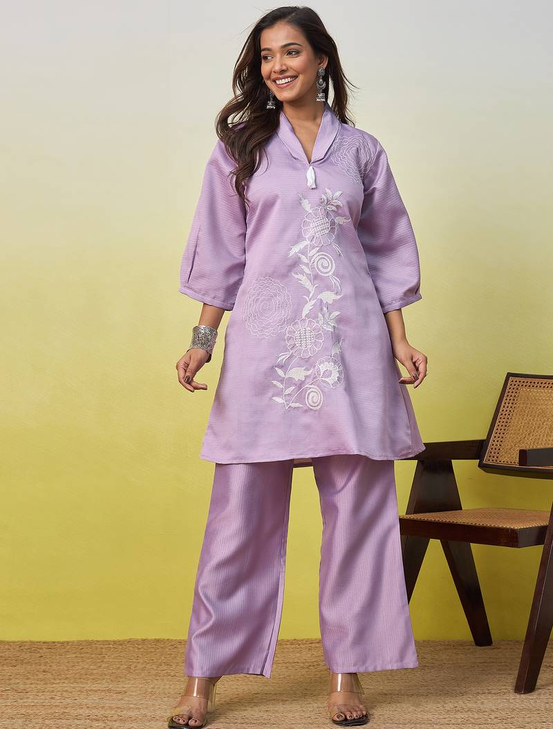 Lavender beautiful embroidery work top bottom coord set 