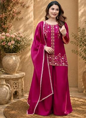 Pink fendy satin beads embroidery work kurta set 1