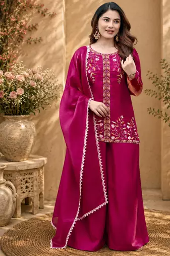 Pink fendy satin beads embroidery work kurta set