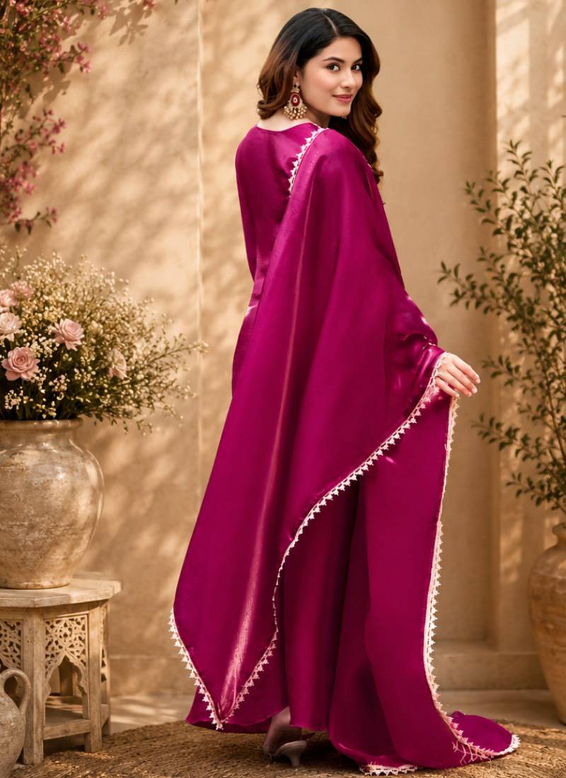 Pink fendy satin beads embroidery work kurta set