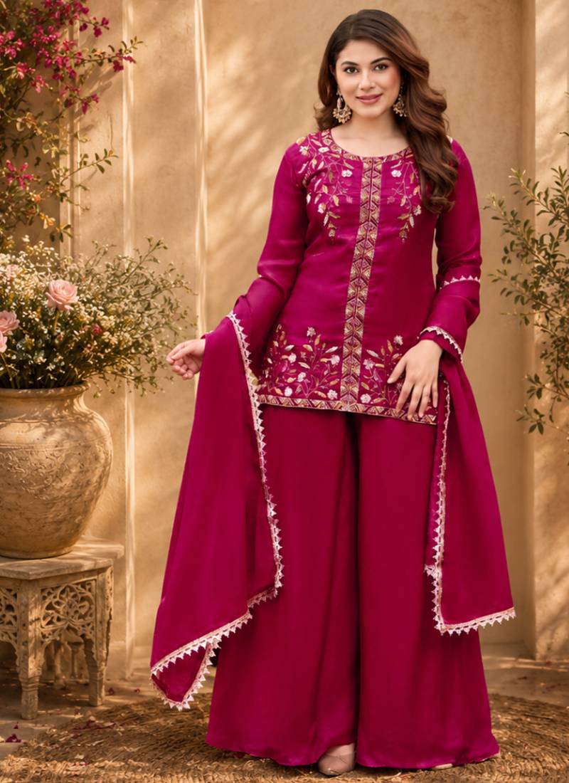 Pink fendy satin beads embroidery work kurta set
