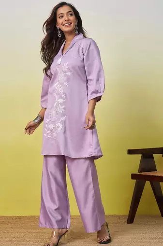 Lavender beautiful embroidery work top bottom coord set 