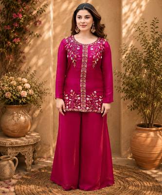 Pink fendy satin beads embroidery work kurta set 4