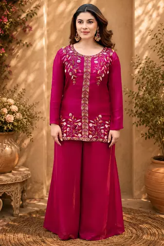 Pink fendy satin beads embroidery work kurta set