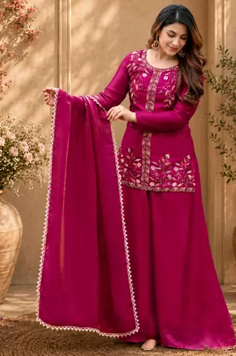 Pink fendy satin beads embroidery work kurta set