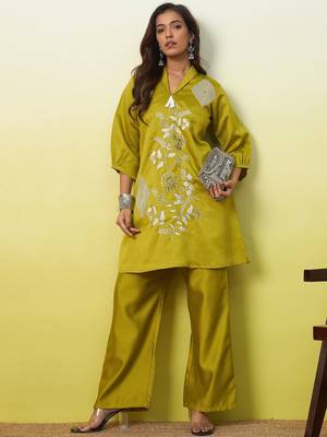 Lemon color beautiful embroidery work top bottom coord set for formal looks 1