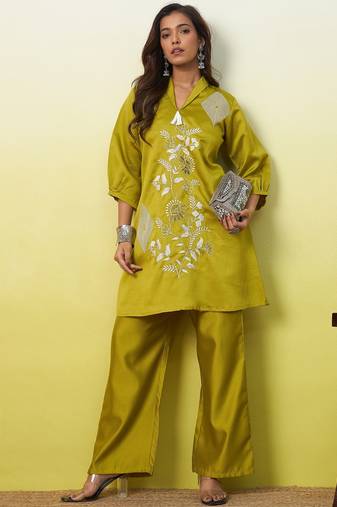 Lemon color beautiful embroidery work top bottom coord set for formal looks
