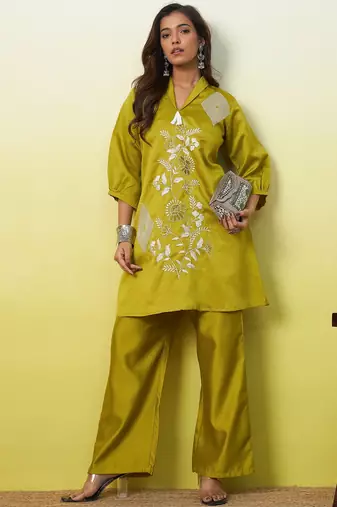 Lemon color beautiful embroidery work top bottom coord set for formal looks
