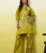 Lemon color beautiful embroidery work top bottom coord set for formal looks