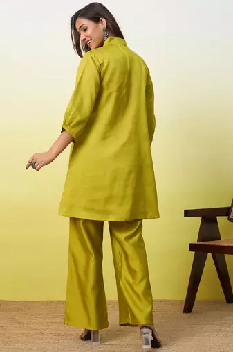 Lemon color beautiful embroidery work top bottom coord set for formal looks