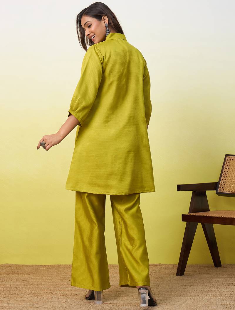 Lemon color beautiful embroidery work top bottom coord set for formal looks
