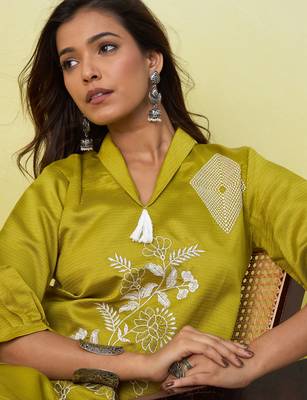Lemon color beautiful embroidery work top bottom coord set for formal looks 3