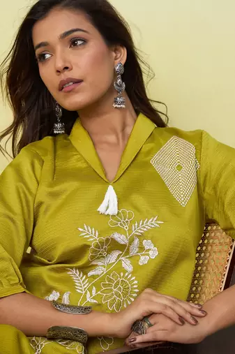 Lemon color beautiful embroidery work top bottom coord set for formal looks
